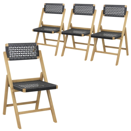 GYMAX  4PCs Folding Chairs W/ Woven Rope Seat & High Back Indonesia Teak Patio