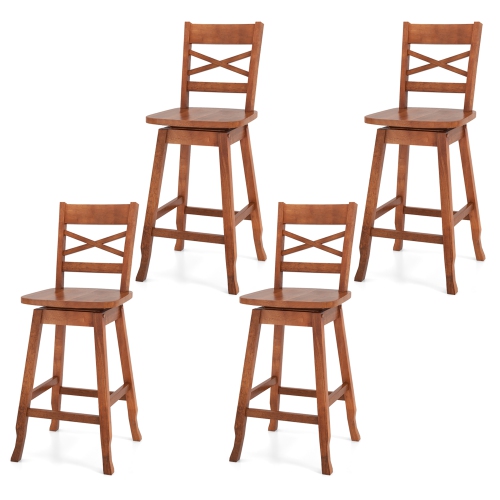 GYMAX  4PCs 24" Counter Height Rubber Wood Stool Swivel Bar Stool W/ Inclined Backrest