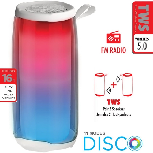 Escape - Portable Wireless Speaker with Microphone, FM Radio and Disco Lighting, White