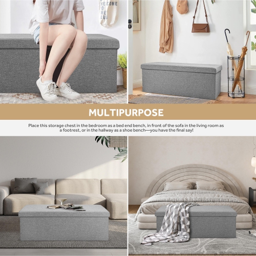45 Inches Foldable Storage Ottoman Bench, Poly Linen Storage Bench, Storage Chest Padded Seat Footrest Stool,Grey