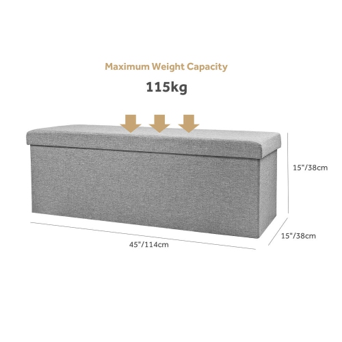 45 Inches Foldable Storage Ottoman Bench, Poly Linen Storage Bench, Storage Chest Padded Seat Footrest Stool,Grey