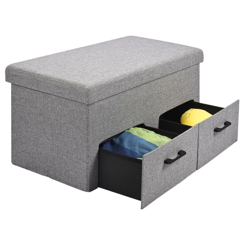 31 Inches Storage Ottoman With Two Drawer, Poly Linen Folding Ottomans Storage Chest Foot Rest Stool and Padded Seat Footrest