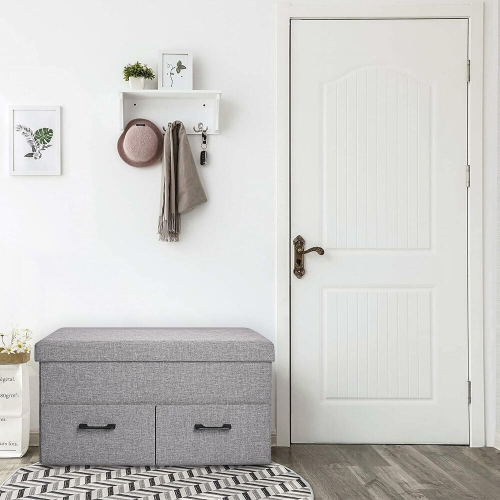 31 Inches Storage Ottoman With Two Drawer, Poly Linen Folding Ottomans Storage Chest Foot Rest Stool and Padded Seat Footrest