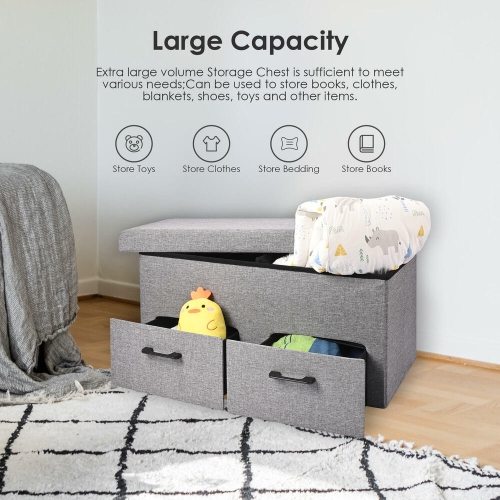 31 Inches Storage Ottoman With Two Drawer, Poly Linen Folding Ottomans Storage Chest Foot Rest Stool and Padded Seat Footrest