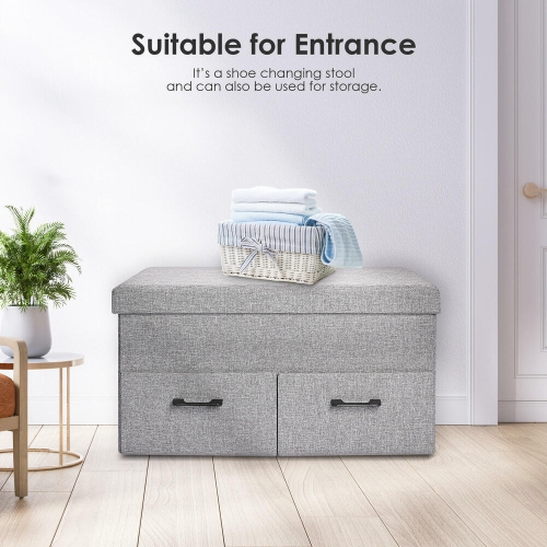 31 Inches Storage Ottoman With Two Drawer, Poly Linen Folding Ottomans Storage Chest Foot Rest Stool and Padded Seat Footrest