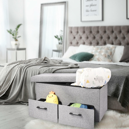 31 Inches Storage Ottoman With Two Drawer, Poly Linen Folding Ottomans Storage Chest Foot Rest Stool and Padded Seat Footrest
