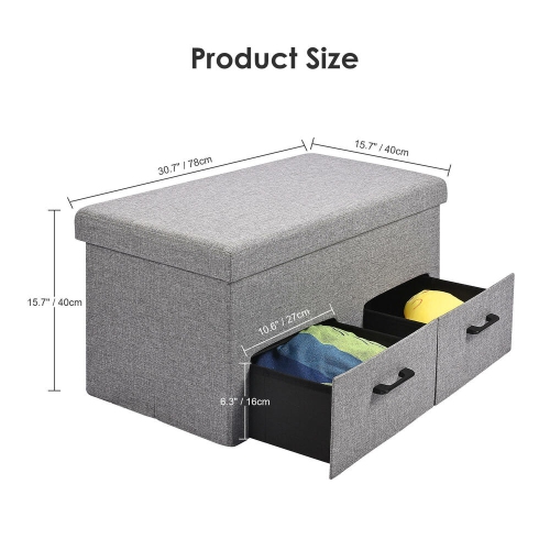 31 Inches Storage Ottoman With Two Drawer, Poly Linen Folding Ottomans Storage Chest Foot Rest Stool and Padded Seat Footrest