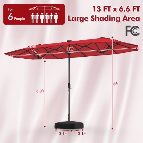 Gymax 13 FT Patio Umbrella Double-Sided Market Umbrella w/ 36 Solar-Powered LED Lights Wine