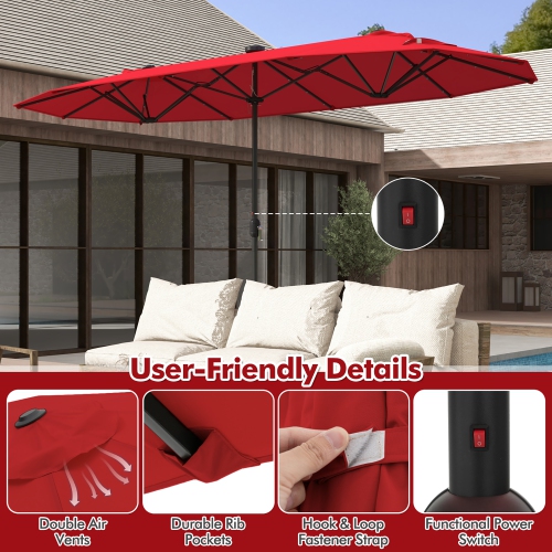 Gymax 13 FT Patio Umbrella Double-Sided Market Umbrella w/ 36 Solar-Powered LED Lights Wine