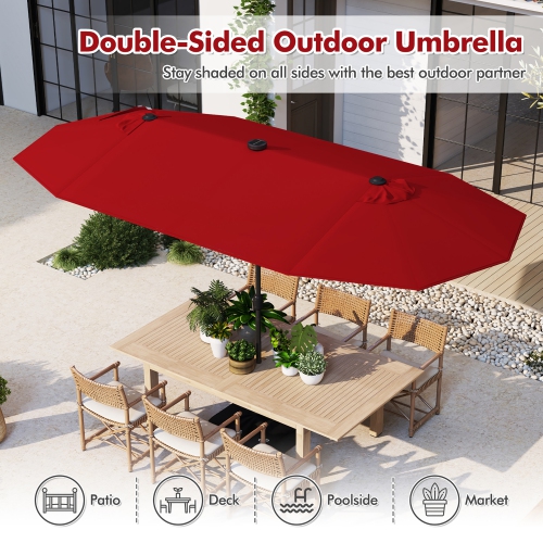 Gymax 13 FT Patio Umbrella Double-Sided Market Umbrella w/ 36 Solar-Powered LED Lights Wine