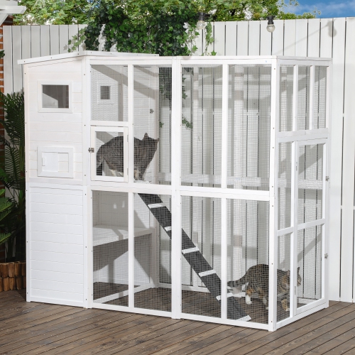 PawHut Large Catio Outdoor Cat Enclosure, 77" L Weatherproof Wooden Cat House with Condo, Walk-in Kitty Cage, White