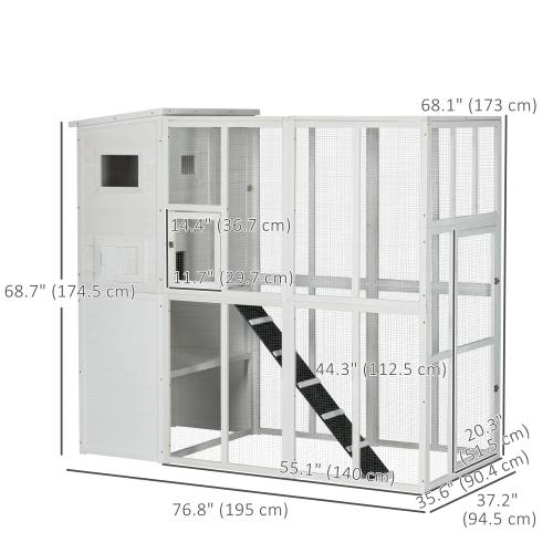 PawHut Large Catio Outdoor Cat Enclosure, 77" L Weatherproof Wooden Cat House with Condo, Walk-in Kitty Cage, White