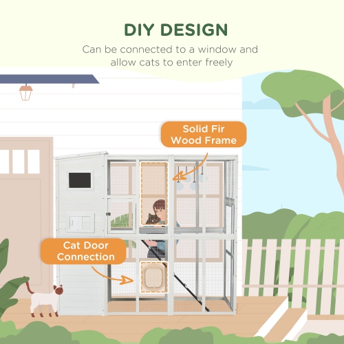 PawHut Large Catio Outdoor Cat Enclosure, 77" L Weatherproof Wooden Cat House with Condo, Walk-in Kitty Cage, White