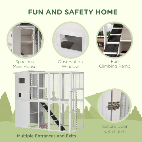 PawHut Large Catio Outdoor Cat Enclosure, 77" L Weatherproof Wooden Cat House with Condo, Walk-in Kitty Cage, White