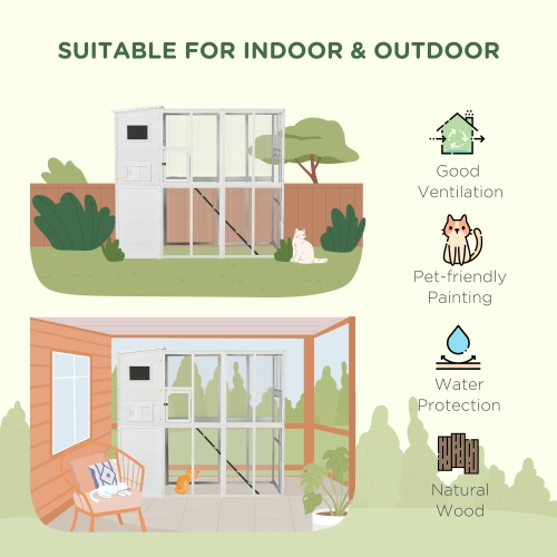 PawHut Large Catio Outdoor Cat Enclosure, 77" L Weatherproof Wooden Cat House with Condo, Walk-in Kitty Cage, White