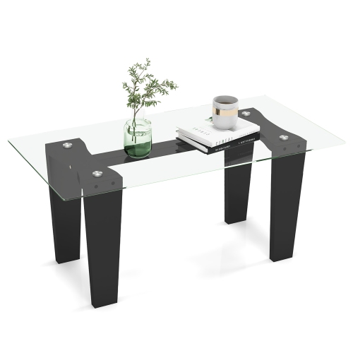 GYMAX  Rectangle Coffee Table Modern Tempered Glass Top Accent Table In Black