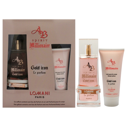 NEW BRAND  Ab Spirit Millionaire Le Parfum Icon By Lomani for Women - 2 PC Gift Set 3.3OZ Edp Spray, 3.3OZ Body Lotion In Gold