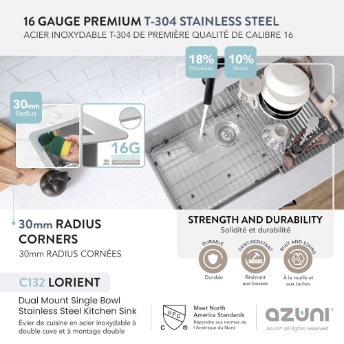 AZUNI Dual Mount 32" Single-Bowl Stainless Steel Kitchen Sink C132