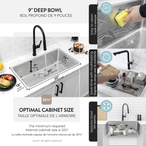 AZUNI Dual Mount 32" Single-Bowl Stainless Steel Kitchen Sink C132