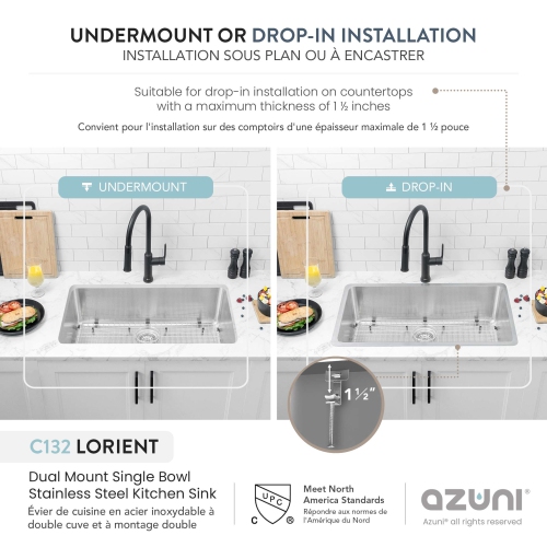 AZUNI Dual Mount 32" Single-Bowl Stainless Steel Kitchen Sink C132