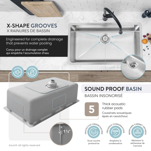 AZUNI Dual Mount 32" Single-Bowl Stainless Steel Kitchen Sink C132