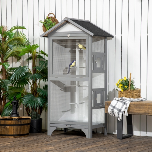 PawHut 62.5" H Large Wooden Bird Cage Outdoor Indoor for African Grey Small Quaker Amazon Parrot Cockatiel Sun Parakeet Green Cheek Conure Dove