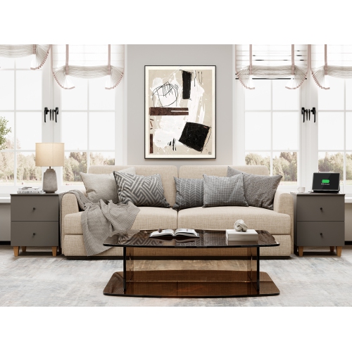 WAMPAT Set of 2 Nightstands with Charging Station &2 Drawers Storage Shelf, Modern End Tables Farmhouse Wood Bedside Table for Living Room and