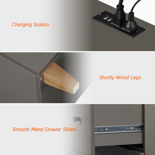 WAMPAT Nightstand with Charging Station &2 Drawers Storage Shelf, Modern End Tables for Living Room and Bedroom,Dark Grey