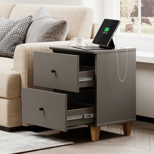 WAMPAT Nightstand with Charging Station &2 Drawers Storage Shelf, Modern End Tables for Living Room and Bedroom,Dark Grey