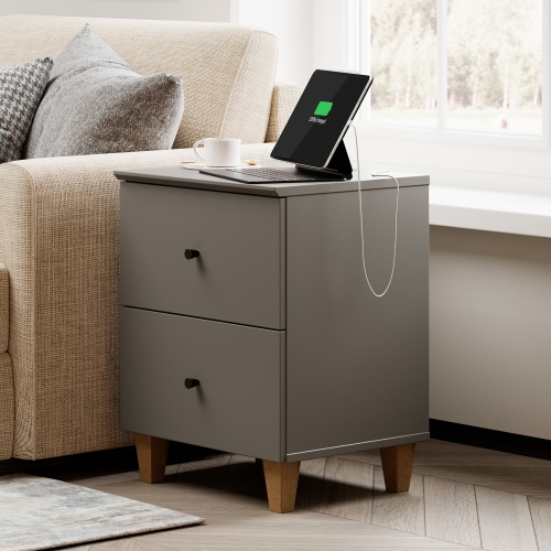 WAMPAT Nightstand with Charging Station &2 Drawers Storage Shelf, Modern End Tables for Living Room and Bedroom,Dark Grey