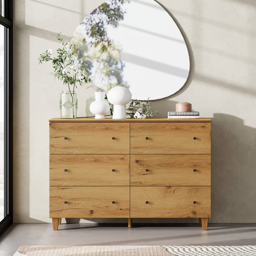 WAMPAT  Dresser \w 6 Drawers for Bedroom, Kids Dressers \w Wide Chest Of Drawer, Modern Closet Storage Organizer Furniture \w Solid Wood Legs For