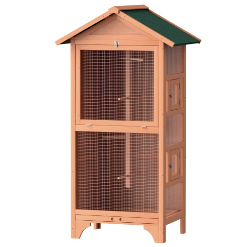 PawHut Wooden Bird Aviary Parrot Cage Pet Furniture Large Outdoor Play House with Removable Bottom Tray, 2 Doors, Asphalt Roof, 4 Perches, Brown