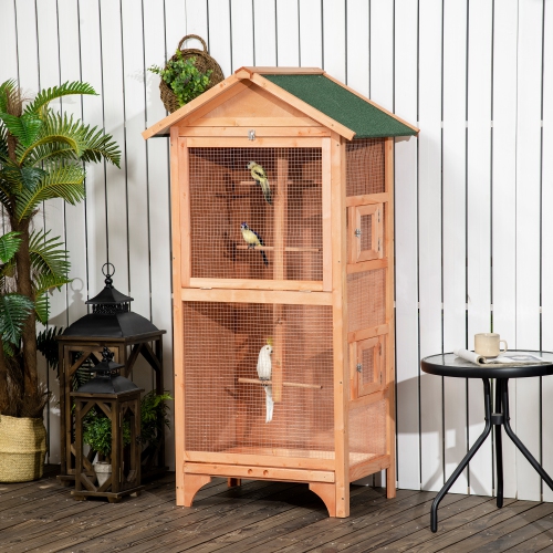 PawHut 62.5" H Large Wooden Bird Cage Outdoor Indoor for African Grey Small Quaker Amazon Parrot Cockatiel Sun Parakeet Green Cheek Conure Dove