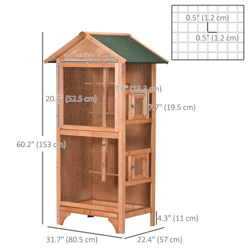 PawHut 62.5" H Large Wooden Bird Cage Outdoor Indoor for African Grey Small Quaker Amazon Parrot Cockatiel Sun Parakeet Green Cheek Conure Dove
