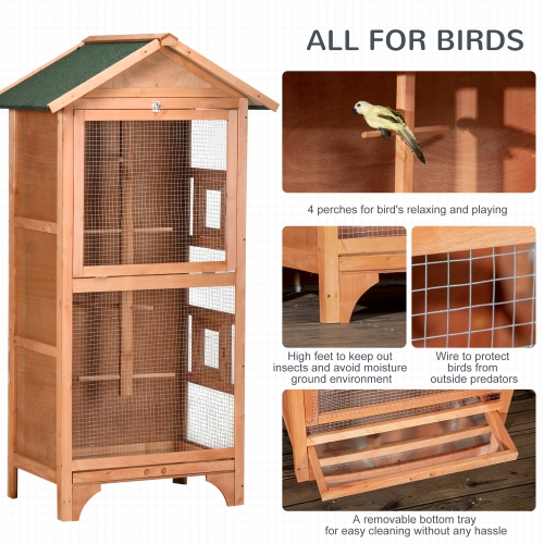PawHut 62.5" H Large Wooden Bird Cage Outdoor Indoor for African Grey Small Quaker Amazon Parrot Cockatiel Sun Parakeet Green Cheek Conure Dove