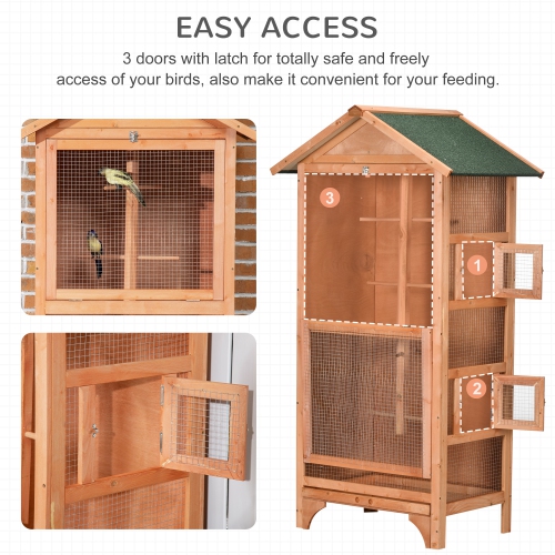 PawHut 62.5" H Large Wooden Bird Cage Outdoor Indoor for African Grey Small Quaker Amazon Parrot Cockatiel Sun Parakeet Green Cheek Conure Dove