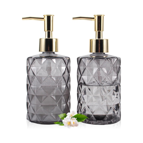 NIERBO 12 Ounce Gray Diamond Design Glass Refillable Hand Soap Dispensers, Mouthwash & Lotion Dispensers for Kitchen, Bathroom, Set of 2