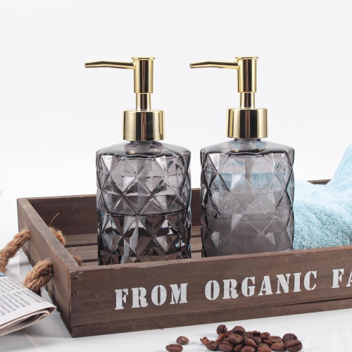 NIERBO 12 Ounce Gray Diamond Design Glass Refillable Hand Soap Dispensers, Mouthwash & Lotion Dispensers for Kitchen, Bathroom, Set of 2