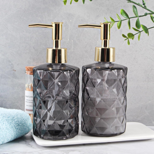 NIERBO 12 Ounce Gray Diamond Design Glass Refillable Hand Soap Dispensers, Mouthwash & Lotion Dispensers for Kitchen, Bathroom, Set of 2