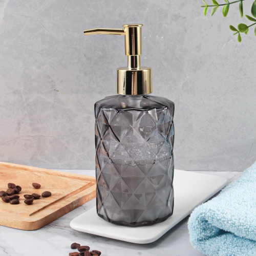 NIERBO 12 Ounce Gray Diamond Design Glass Refillable Hand Soap Dispensers, Mouthwash & Lotion Dispensers for Kitchen, Bathroom, Set of 2