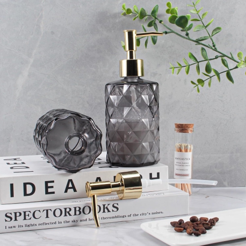 NIERBO 12 Ounce Gray Diamond Design Glass Refillable Hand Soap Dispensers, Mouthwash & Lotion Dispensers for Kitchen, Bathroom, Set of 2