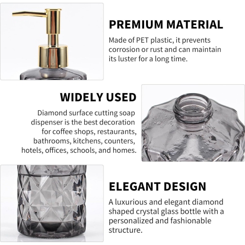 NIERBO 12 Ounce Gray Diamond Design Glass Refillable Hand Soap Dispensers, Mouthwash & Lotion Dispensers for Kitchen, Bathroom, Set of 2