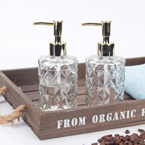 NIERBO 12 Ounce Clear Diamond Design Glass Refillable Hand Soap Dispensers, Mouthwash & Lotion Dispensers for Kitchen, Bathroom, Set of 2