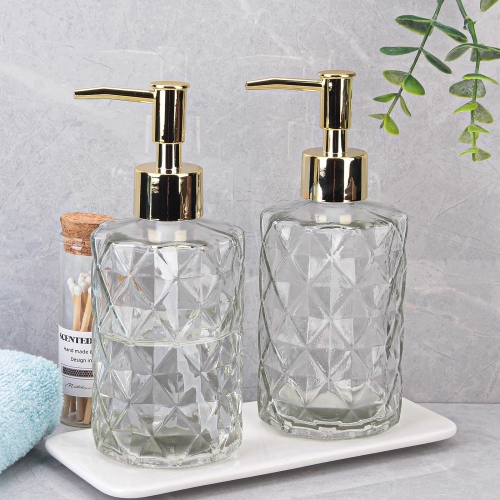 NIERBO 12 Ounce Clear Diamond Design Glass Refillable Hand Soap Dispensers, Mouthwash & Lotion Dispensers for Kitchen, Bathroom, Set of 2