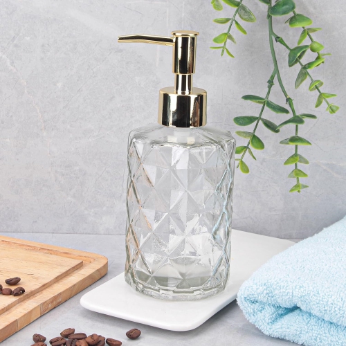 NIERBO 12 Ounce Clear Diamond Design Glass Refillable Hand Soap Dispensers, Mouthwash & Lotion Dispensers for Kitchen, Bathroom, Set of 2