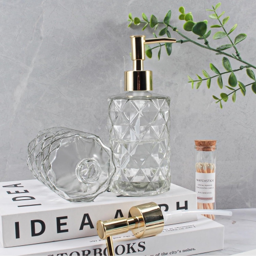 NIERBO 12 Ounce Clear Diamond Design Glass Refillable Hand Soap Dispensers, Mouthwash & Lotion Dispensers for Kitchen, Bathroom, Set of 2