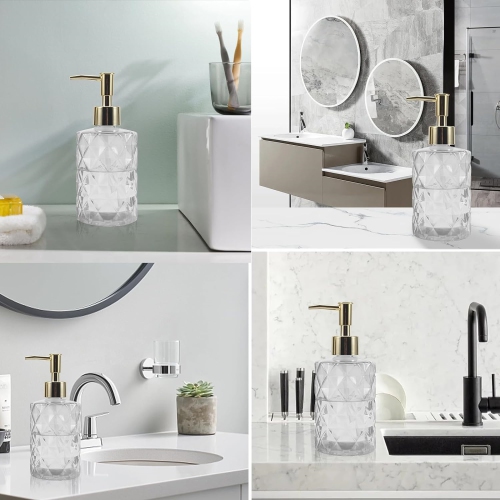 NIERBO 12 Ounce Clear Diamond Design Glass Refillable Hand Soap Dispensers, Mouthwash & Lotion Dispensers for Kitchen, Bathroom, Set of 2