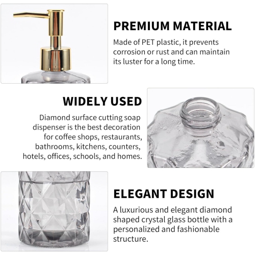 NIERBO 12 Ounce Clear Diamond Design Glass Refillable Hand Soap Dispensers, Mouthwash & Lotion Dispensers for Kitchen, Bathroom, Set of 2