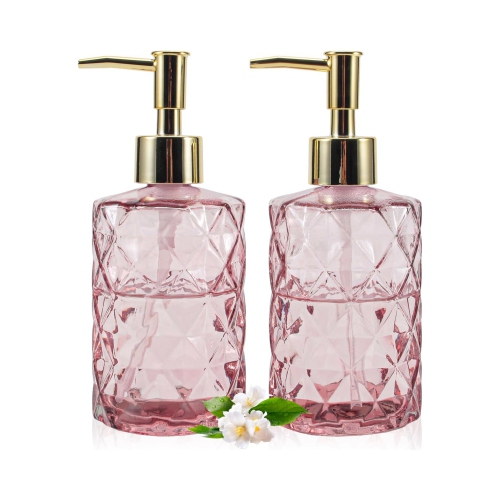 NIERBO 12 Ounce Pink Diamond Design Glass Refillable Hand Soap Dispensers, Mouthwash & Lotion Dispensers for Kitchen, Bathroom, Set of 2