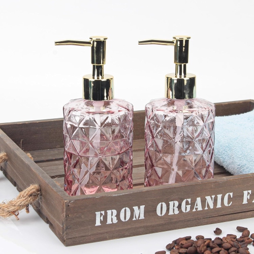NIERBO 12 Ounce Pink Diamond Design Glass Refillable Hand Soap Dispensers, Mouthwash & Lotion Dispensers for Kitchen, Bathroom, Set of 2